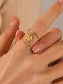 1pc 18K Gold Plated Stainless Steel Fashionable Sun-Shaped Open Ring, Suitable For Women's Daily Wear, Party, Holiday Gift - Gold - View 6