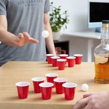 Beer Pong Game, 1.5 Ounce Disposable Red Party Cup Plastic Shot Glasses, Red, Set Of 12 Cups And 2 Pong Balls - Mini Beer Pong Set - View 5