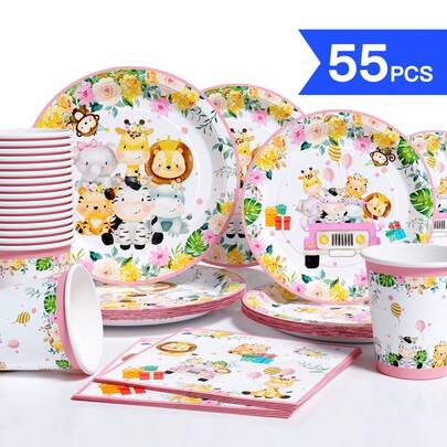 Floral Rim Animal Disposable Plates, Napkins, Cups, One-Time Party Supplies Set For 10 Guests, Disposable Paper Plates Party Tableware Suitable For Birthday, Wedding, Theme Party, Family Picnic
