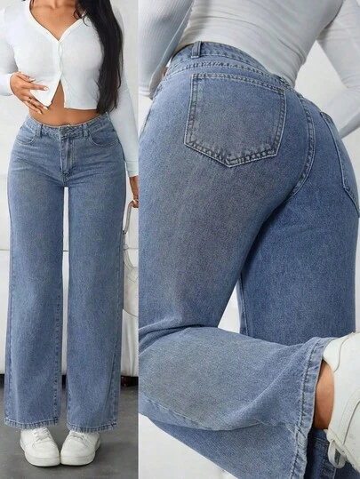 Pantalones vaqueros casuales de pierna ancha y corte holgado con bolsillos para mujeres, Jeans diarios simples de unicolor para mujer, Jesns holgados lavados para mujer
