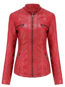 女士红色PU皮连帽夹克，可拆卸帽子，休闲外套，适合旅行和机场穿着。 - 紅色 - 查看 5