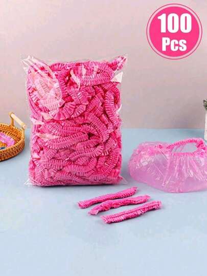 50/100 piezas Gorros de ducha desechables rosas, gorros para teñir el cabello, gorros de salón de plástico, adecuados para coloración del cabello, tratamientos de spa y uso doméstico