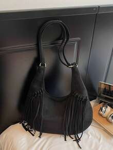 2025 New Suede Fringe Shoulder Bag, Large Capacity, Fashionable Niche Design For Women - Black - View 2