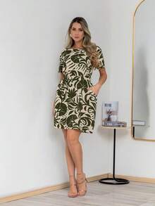 Vestido Feminino Estampado Casual com Amarração na Cintura Leve e Moderno 2320 - Verde - Visão 1