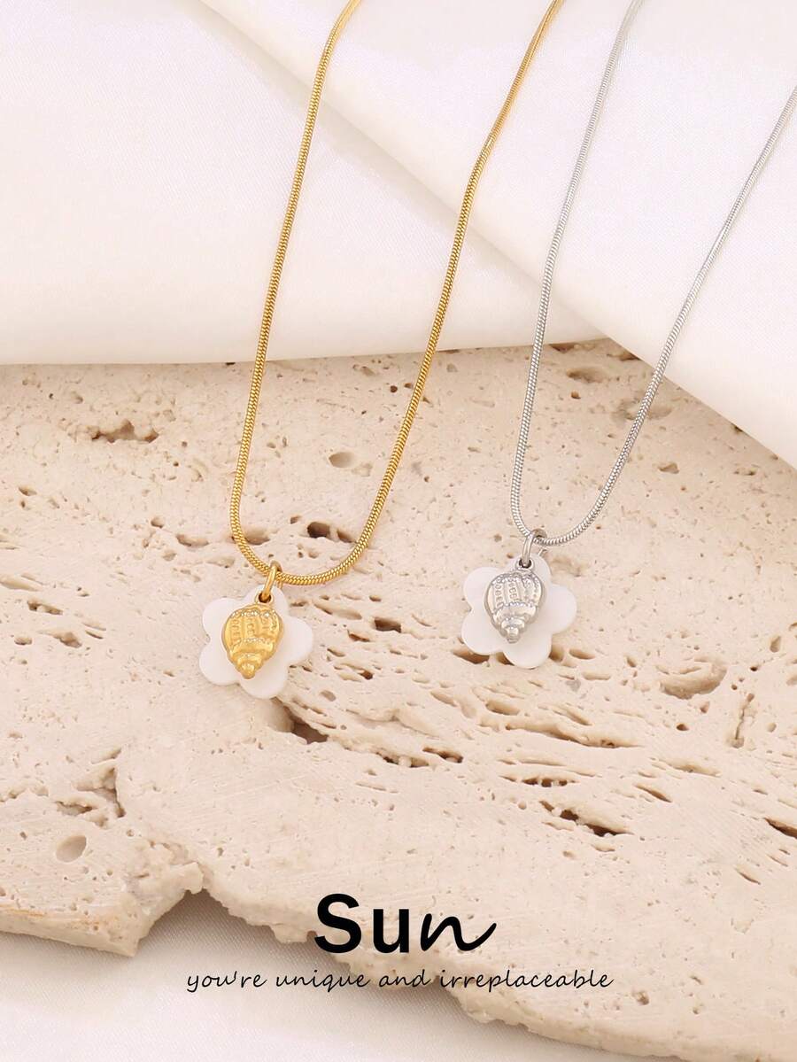 1pc Stainless Steel Ocean Conch Pendant Necklace For Women Fashion 8K Gold Plated Flower Shell Charms Chain Necklaces Jewelry - Necklace - View 1