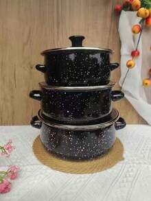 3pcs Multi-Size Enamel Soup Pot Set, Double-Ear Soup Pot With Starry Pattern, Outdoor Picnic Pot, Enamel Stew Pot, Small Stew Pot, Ramen Pot, Oil Pot With Lid, Baby Food Pot, Multi-Color 3pcs Enamel Cookware Set, Thick Double-Ear Enamel Cooking Pot, Multi-Purpose For Gas & Induction Cooktop, Enamel Pot With Lid And Handles - Caliber 6.3IN-7.87IN - View 15