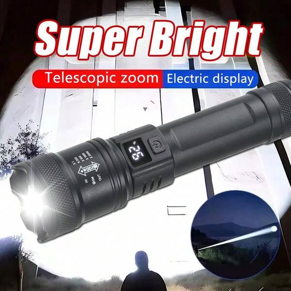1pc High Brightness LED Flashlight With Display Screen, USB Rechargeable, Outdoor Camping Fishing Emergency Lighting, Adjustable Focus Flashlight