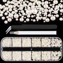 12格混色白色珍珠美甲裝飾，3D圓形/半圓珍珠美甲水鑽美甲配件，DIY附鑷子與水鑽蠟筆美甲飾品 - 白色 - 查看 9