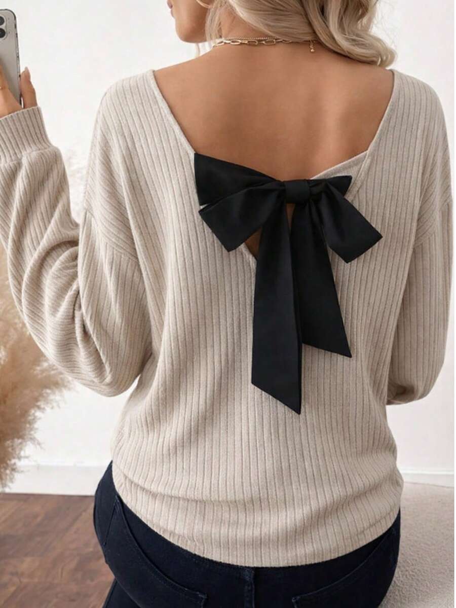 Woman Back Bow Detail Ribbed Knit Sweater – Casual Chic Fall/Winter Top - Beige - View 1
