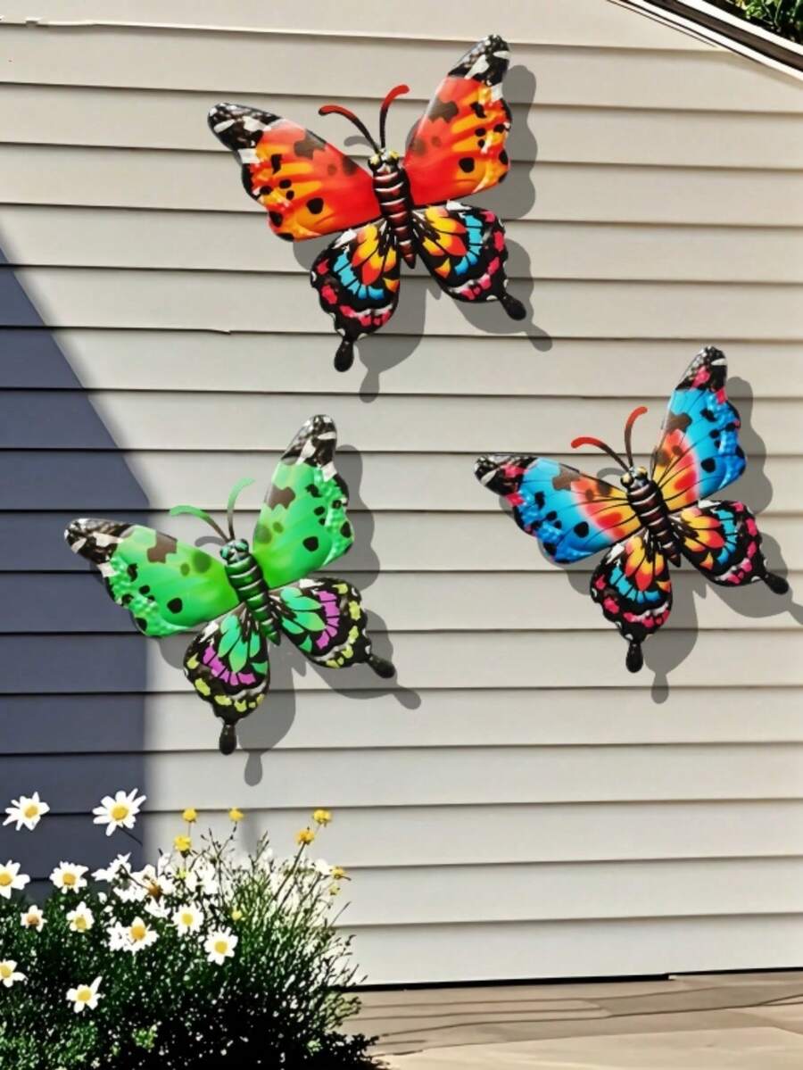 1 pieza/3 piezas Decoración de pared de mariposa 3D vibrante de metal, decoración de arte de hierro, adecuada para jardín, patio, sala de estar, dormitorio, patio, balcón, arte de cerca al aire libre, regalo para amigos y familiares - A - Ver 1