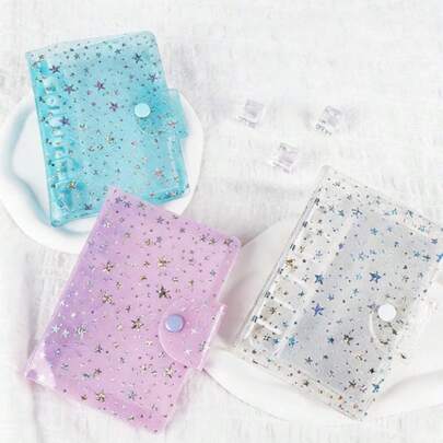 Carpeta de anillas transparente, de hojas sueltas, con cubierta de PVC, para almacenamiento de tarjetas pequeñas, álbum de fotos, cuaderno, colección de fotos, libro de tarjetas con 6 anillas de 3 pulgadas con diseño de estrella, adecuado para almacenar fotos familiares, cartas de juego y nuevas tarjetas añadidas, libro de tarjetas transparente de colores sencillo