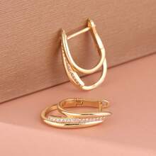 Pendientes de cobre con incrustaciones de circonita, pendientes redondos para mujer, pendientes ovalados alargados - Dorado - Ver 3