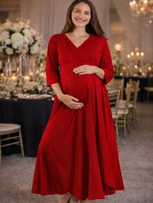 Vestido maternidad largo elegante para dama mujer ropa embarazo ropa para embarazada juvenil moderna suave evento baby shower de noche embarazada cruzado manga media cuello v cruzado corte amplio fresco ligero diario cena cita sesion de fotos calle femenino bohemio elegante outfit primavera verano otoño invierno posparto - Rojo - Ver 2