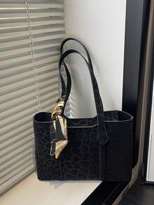 1 pieza Bolso de hombro de mujer de unicolor con estampado de leopardo, versátil y portátil de gran capacidad y lujo, adecuado para citas, compras, regalos, trabajo, viajes, incluye una bufanda delicada - Negro - Ver 12