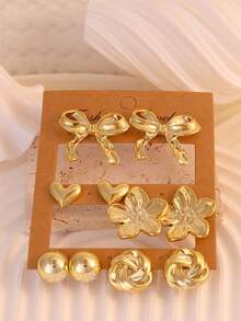 Trending Cross-Border Exaggerated Earrings, Women's Personalized Creative Bow & Heart Shaped Earring Set, Minimalist Elegant Earrings - Gold - View 4