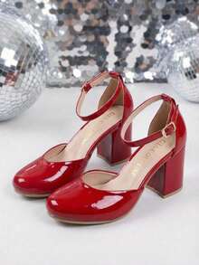 Zapatillas de tacón cuadrado de altura media para mujer de moda, con hermoso acabado y pulsera con hebilla ajustable en tobillo, perfecto para ocasiones especiales, fiestas o para añadir un toque glam a tu outfit. La punta redonda y el tacón cuadrado aseguran estabilidad y comodidad, mientras que la pulsera ajustable en el tobillo brinda comodidad y elegancia. - Burdeos - Ver 4