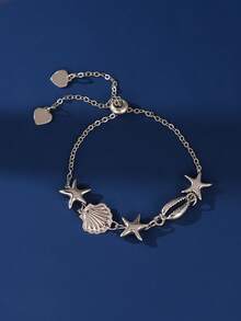 1pc Bohemian Ocean Shell, Starfish Decor Adjustable Bracelet, Women Beach Holiday Party Accessory - Silver - View 5