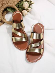 Giày sandal đế bằng nữ kiểu dáng châu Âu và Mỹ, thoải mái, mũi tròn, gót thấp, thích hợp đi biển mùa hè. - Vàng - Xem 7