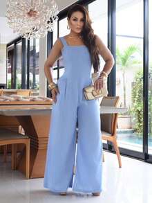 Wide-Leg Jumpsuit In Viscose Linen With Elastane And Front Pockets – Comfort And Elegance. Linen With Split Pockets. Wedding Jumpsuit. All. - 淺藍色 - 查看 4