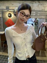 二合一蕾丝系带韩版甜美长袖女式上衣，春夏款