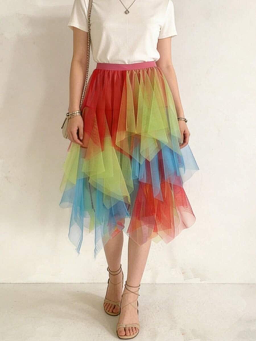 Ombre Asymmetrical Mesh Tulle Skirt, New Spring/Summer Midi Flowy Skirt, Fairy Style Skirt Vacation - Rainbow Colors - View 1