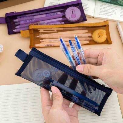 5件装便携式尼龙网眼化妆刷收纳包，多种颜色可选，透明设计，大容量口红收纳包，多功能收纳袋，适合学校、办公室、旅行必备，可作铅笔盒、眉笔、化妆刷收纳包，时尚收纳盒，轻便小巧，化妆包，适合化妆爱好者和专业化妆师。