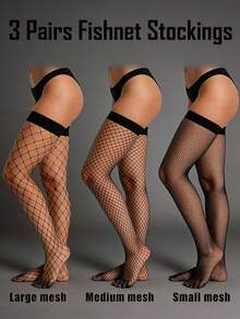 3 Pairs Women's Black Thigh High Fishnet Stockings, Elastic Mesh Socks, Summer Travel Essential Gift - Multicolor - View 7