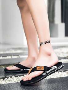 Men's Beach Woven Faux Fur Splicing Flip Flops, Spring/Summer - Black - View 3