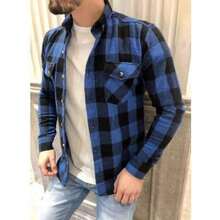 Men's Slim Fit Long Sleeve Flannel Plaid Shirt With Pocket - 藍色 - 查看 1