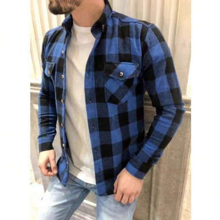 Men's Slim Fit Long Sleeve Flannel Plaid Shirt With Pocket - 藍色 - 查看 1