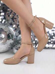 Zapatillas de tacón cuadrado de altura media para mujer de moda, con hermoso acabado y pulsera con hebilla ajustable en tobillo, perfecto para ocasiones especiales, fiestas o para añadir un - Champán - Ver 3