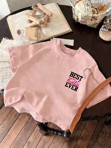 Camiseta de cuello redondo de manga corta con estampado gráfico informal para niña, top de verano - Rosa - Ver 7