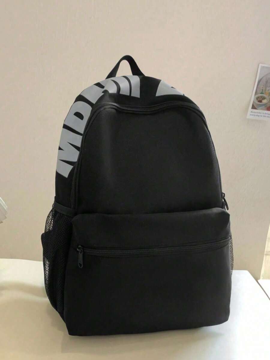 Minimalist Solid Color Multi-Function Large Capacity Student Backpack - Black - View 1