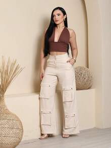 Women's Wide Leg Cargo Pants, High Waist, Tailored, Marrant Style, Palazzo Pants With 4 Utility Pockets, Premium Streetwear - 米色 - 查看 4