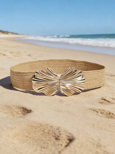 1pc Bohemian Summer Woven PP Grass Women's Waist Belt, Shell Buckle Elastic Waist Belt, Beige, Suitable For Dresses, Casual Wear, Vacation, Beach Party, Festivals, Summer