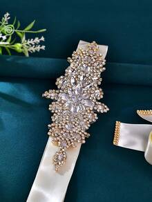 1 Stück goldener Braut-Schärpe, handgefertigter Kleidergürtel, vielseitiger Hochzeitskleid-Gürtel, geeignet für Hochzeit, Ehe, Abschlussball, Bankett - Gold + Elfenbeinband - Übersicht 2
