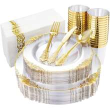 175 Pcs Transparent Gold Court Style Plastic Tableware Set, Suitable For 25 Guests, Including 25 Dinner Plates, 25 Dim Sum Plates, 75 Knives, Forks, Spoons, 25 Cups, 25 Napkins, . Very Suitable For Weddings And Parties - Transparent Gold - View 12