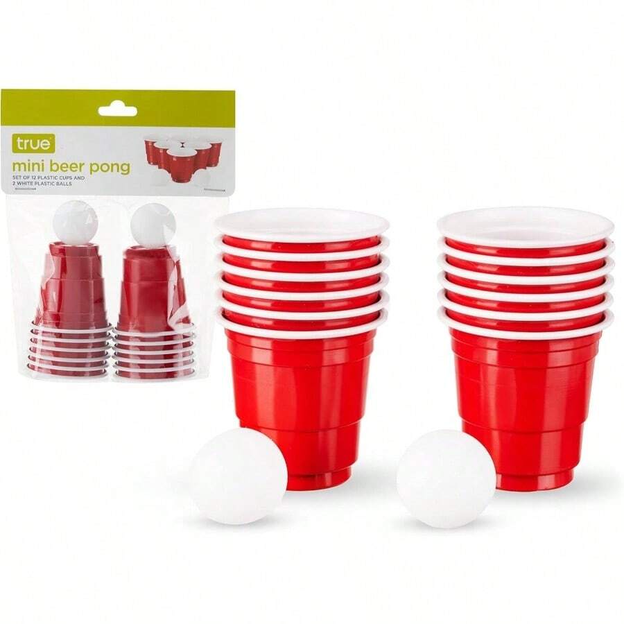 Beer Pong Game, 1.5 Ounce Disposable Red Party Cup Plastic Shot Glasses, Red, Set Of 12 Cups And 2 Pong Balls - Mini Beer Pong Set - View 1