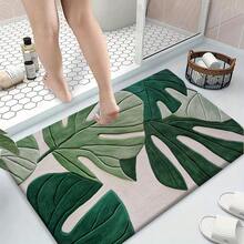 A Set Of Bathroom Short Plush Mats Featuring A Tropical Green Leaf Pattern, Including A Toilet Seat Cover, A U-Shaped Toilet Mat, Made Of Soft Flannel Material, Designed To Be Non-Slip - Nhiều màu - Xem 4