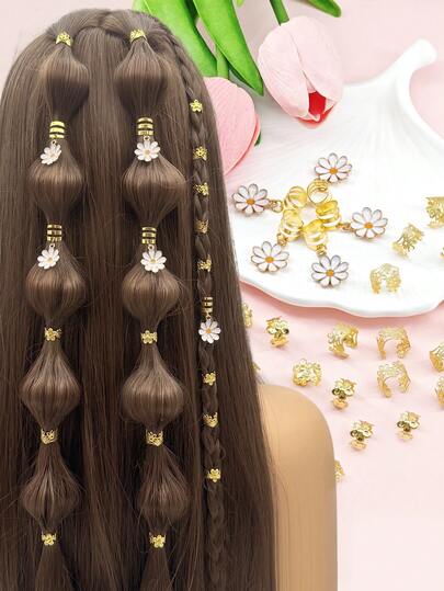 35pcs Alloy Daisy Flower Braid Hair Clips, Y2K Punk Hip Hop Decorative Hairpins, Gifts Party Daily Use Hair Rings & Accessories