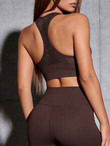 Áo ngực thể thao Runway Rest 1 mảnh có khóa kéo, đệm mút có thể tháo rời, không đường may, co giãn, thích hợp cho hoạt động thể thao. - Cà phê - Xem 2