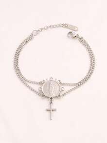 1pc Stainless Steel Virgin Mary Pendant Bracelet Fashion Gold Cross Charms Double Layer Chain Bracelets For Women Jewelry - Bracelet - View 5