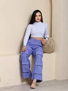 Women's Wide Leg Cargo Pants, High Waist, Tailored, Marrant Style, Palazzo Pants With 4 Utility Pockets, Premium Streetwear - 霧霾藍 - 查看 6