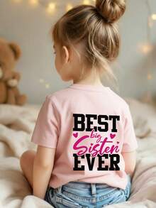 Camiseta de cuello redondo de manga corta con estampado gráfico informal para niña, top de verano - Rosa - Ver 4