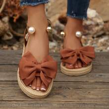 Sandal đế bằng thời trang mềm mại, màu trơn, kiểu nơ, thích hợp cho nữ đi biển hoặc du lịch. - màu nâu - Xem 15