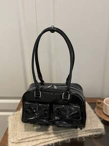 1 件女士休闲手提包，大容量 PU 办公手提包，带多个口袋，时尚简约单肩包 - 黑色 - 查看 8
