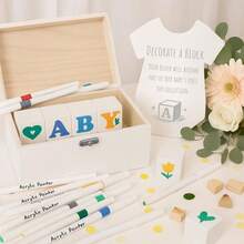Baby Shower Blocks Decorating Game – 48 White Wooden Cubes To Decorate, Storage Box, 12 Acrylic Markers & Instruction Sign - 白色積木套裝 - 查看 7
