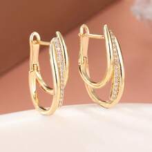 Pendientes de cobre con incrustaciones de circonita, pendientes redondos para mujer, pendientes ovalados alargados - Dorado - Ver 2