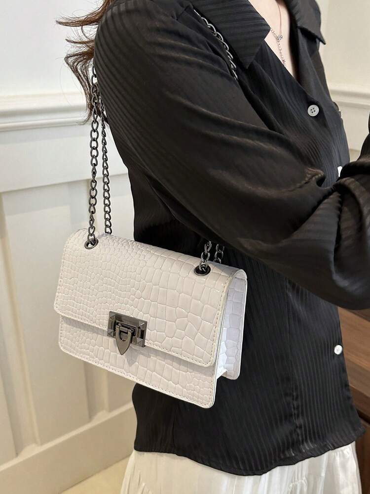 Nueva bolsa de mujer de lujo y versátil de piel de imitación de cuero estampado de cocodrilo, bolso de hombro y bandolera - Blanco - Ver 4