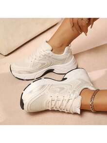 New Style Women's Casual Sports Shoes, Platform Sports Shoes, White Lace-Up Round-Toe Blended Material, Breathable, Versatile, Printed Graffiti, College Style, Suitable For Students, Outdoor Hiking, Casual Wear And Commuting. - 米色 - 查看 2